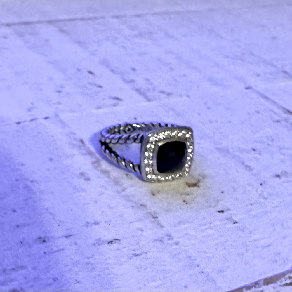 David Yurman petite Albion ring in sterling silver with onyx and diamonds size 7